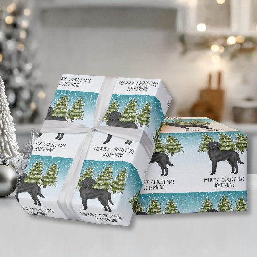 Zwart Labrador Retriever Winter Forest aangepaste  Cadeaupapier