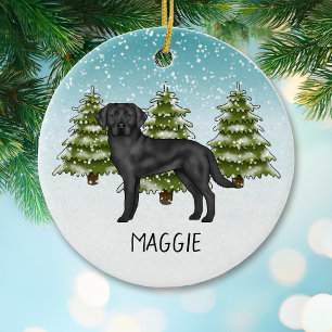 Zwart Labrador Retriever Winter Forest Aangepaste  Keramisch Ornament