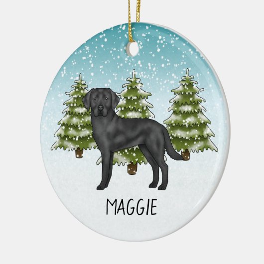 Zwart Labrador Retriever Winter Forest Aangepaste Keramisch Ornament (Links)