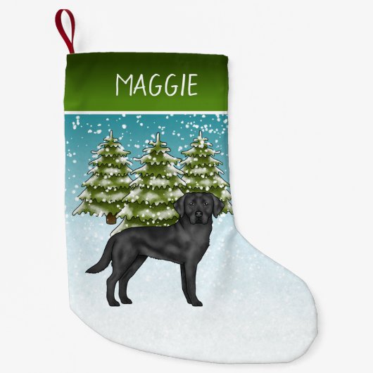 Zwart Labrador Retriever Winter Forest Aangepaste  Kleine Kerstsok (Voorkant)
