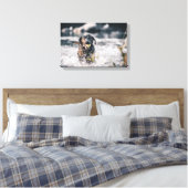 Zwart labrador speelt fets in water canvas afdruk (Insitu (Slaapkamer))