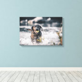 Zwart labrador speelt fets in water canvas afdruk (Insitu (Houten vloer))
