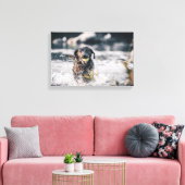 Zwart labrador speelt fets in water canvas afdruk (Insitu (Woonkamer))