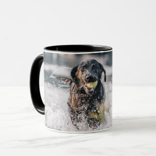 Zwart labrador speelt fets in water mok