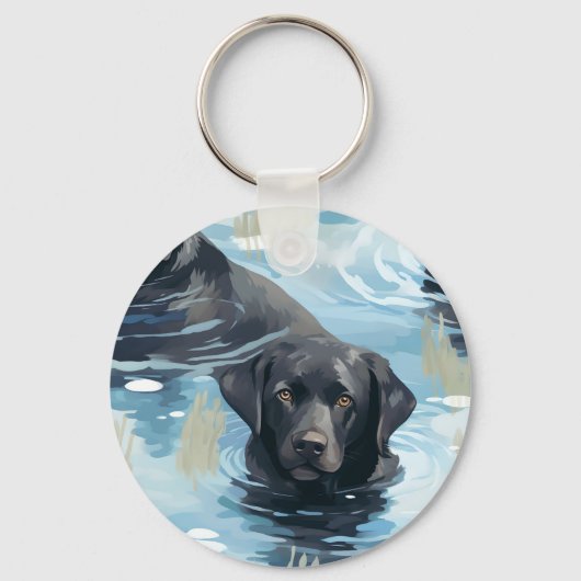 Zwart Labrador Zwem Patroon Sleutelhanger (Voorkant)