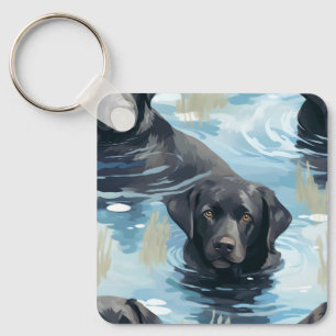 Zwart Labrador Zwem Patroon Sleutelhanger