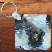 Zwart Labrador Zwem Patroon Sleutelhanger (Voorkant)