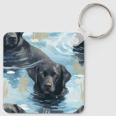 Zwart Labrador Zwem Patroon Sleutelhanger (Achterkant)