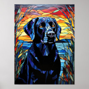 Zwart Labradors glas-in-lood Zonsondergang Meer Po Poster