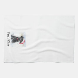 Zwart lak met kerstkaart, aangepaste tekst theedoek