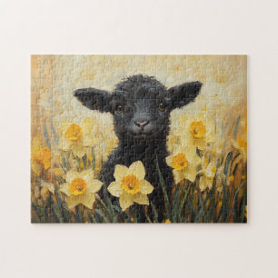 Zwart Lam En Gele Narcissen Schilderen Legpuzzel