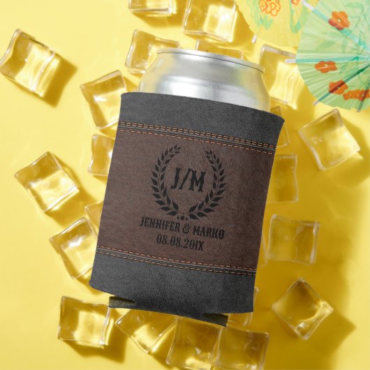 Zwart laurierkrans bruin & zwart gestikt leer blikjeskoeler (Insitu Zomer)