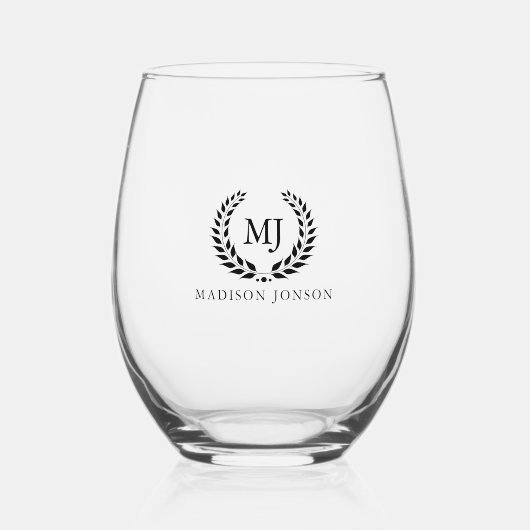 Zwart laurierkrans zwart monogram en naam wijnglas zonder voet (Voorkant)