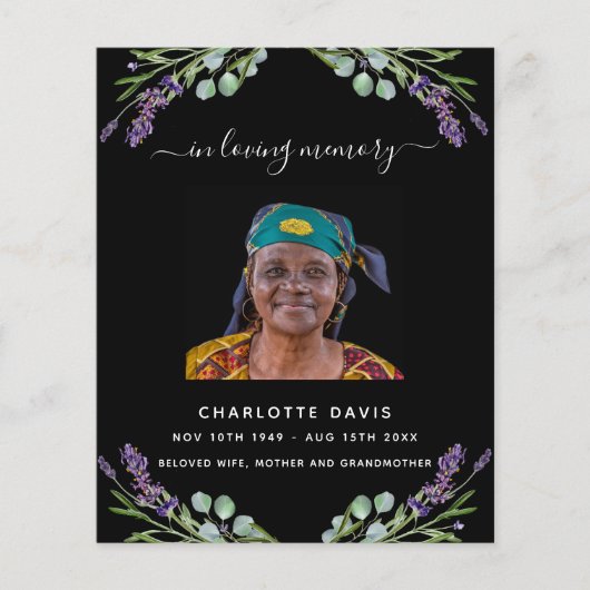 Zwart lavendel bloemen foto begrafenisprogramma (Voorkant)
