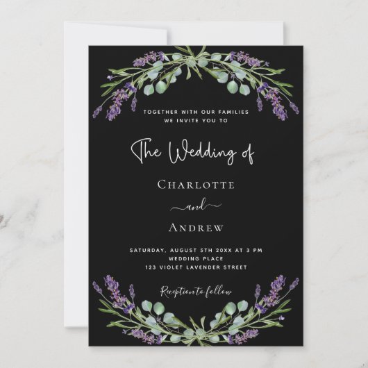 Zwart lavendel violet groen QR RSVP bruiloft Kaart (Voorkant)