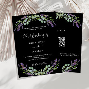 Zwart lavendel violet groen QR RSVP bruiloft Kaart