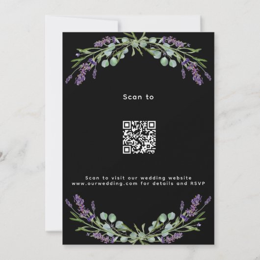 Zwart lavendel violet QR code RSVP luxe bruiloft Kaart (Achterkant)