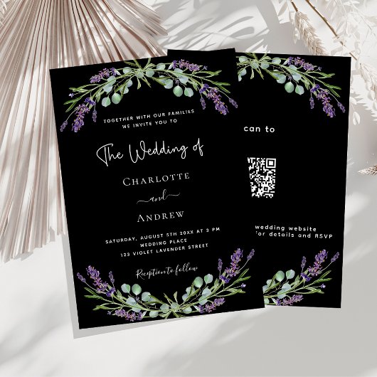 Zwart lavendel violet QR code RSVP luxe bruiloft Kaart