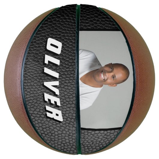 Zwart leder Afdruknaam Foto Basketbal (Verticaal)