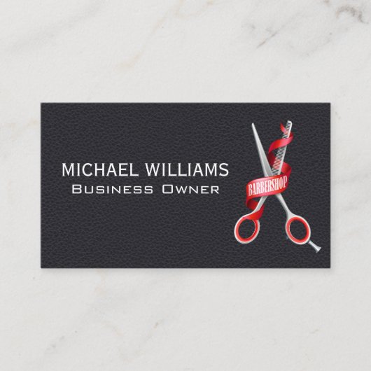 Zwart leder | Barber Shop Scissors Visitekaartje (Voorkant)