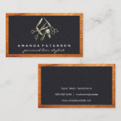 Zwart leder | Barberwinkel | Lijst van hout Visitekaartje (Voorkant / Achterkant)