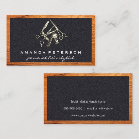 Zwart leder | Barberwinkel | Lijst van hout Visitekaartje (Voorkant / Achterkant)