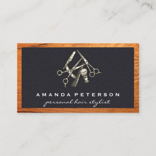 Zwart leder | Barberwinkel | Lijst van hout Visitekaartje (Voorkant)