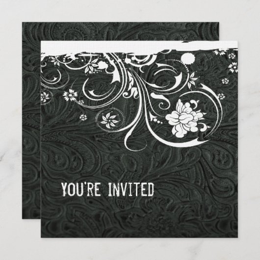 Zwart leder en uitnodiging tot witte kant (Voorkant / Achterkant)