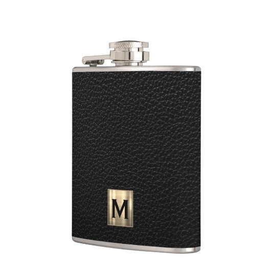 Zwart leder geborsteld goud monogram heupfles (Links)