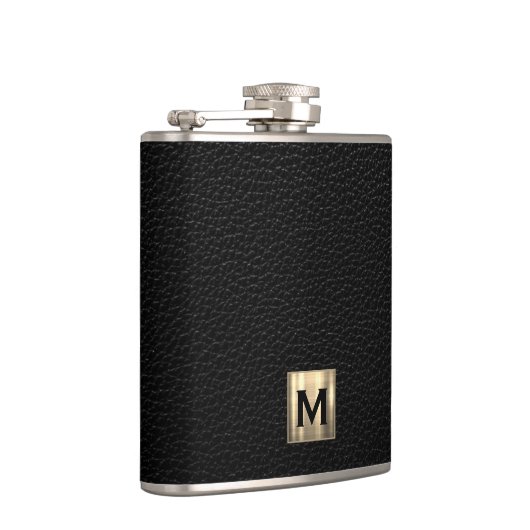 Zwart leder geborsteld goud monogram heupfles (Rechts)