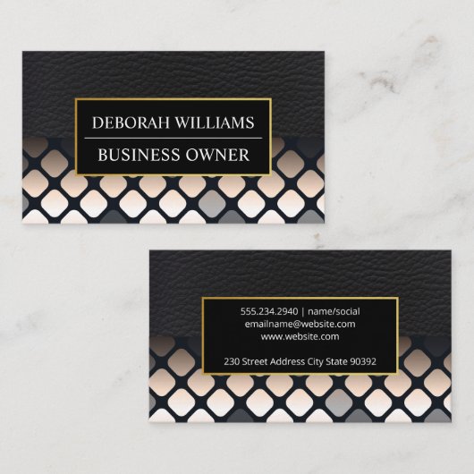 Zwart leder | Geometrisch patroon Visitekaartje (Voorkant / Achterkant)