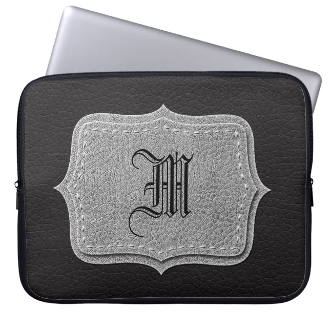 Zwart leder - Gepersonaliseerd monogram Laptop Sleeve (Voorkant)