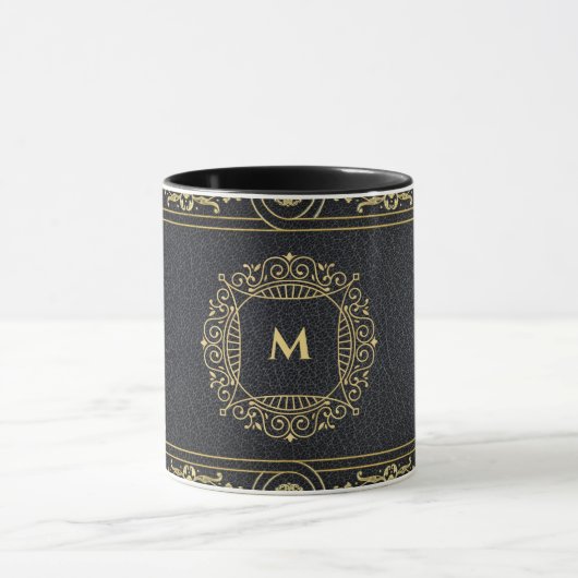 Zwart leder Gold Art Deco Monogram Letter Koffie Mok (Midden)
