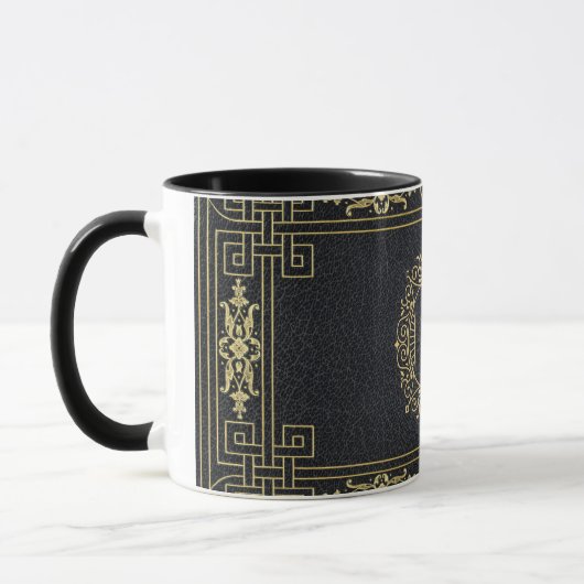 Zwart leder Gold Art Deco Monogram Letter Koffie Mok (Links)