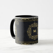 Zwart leder Gold Art Deco Monogram Letter Koffie Mok (Voorkant links)