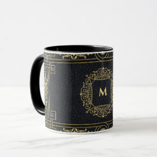 Zwart leder Gold Art Deco Monogram Letter Koffie Mok