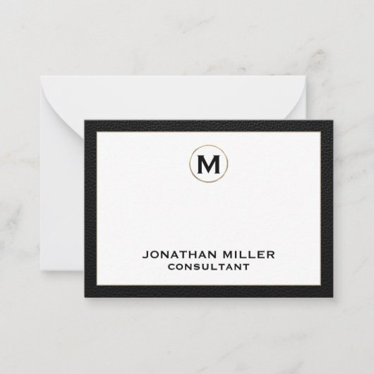 Zwart leder Gold Initiaal monogram Notitiekaartje (Voorkant)
