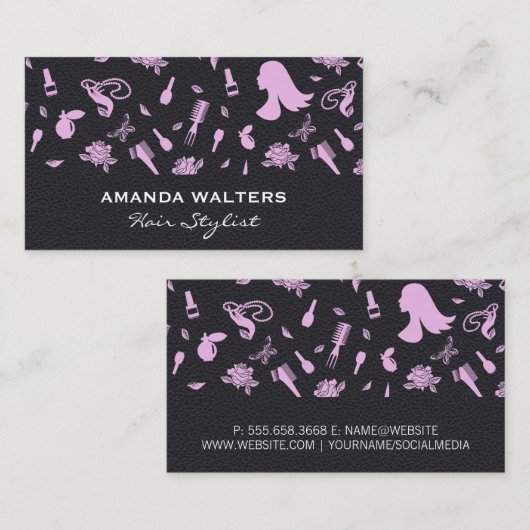 zwart leder | Haar stylist patronen Visitekaartje (Voorkant / Achterkant)