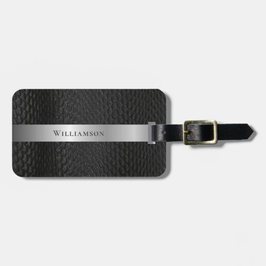Zwart leder Imitation Snakeskin-patroon - Aangepas Bagagelabel (Voorkant horizontaal)