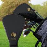 Zwart leder Kijk Monogram en persoonlijke naam Golfheadcover<br><div class="desc">Persoonlijke golfbestuurderskop. Je initialen worden geletterd in moderne,  overmaatse typografie en je kunt ook jouw naam of de naam van je golfclub toevoegen. Het ontwerp is bedrukt met een lederen getextureerde achtergrond in zwart.</div>