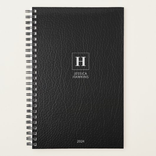 Zwart Leder Klassiek Monogram 202x wekelijks Planner (Voorkant)
