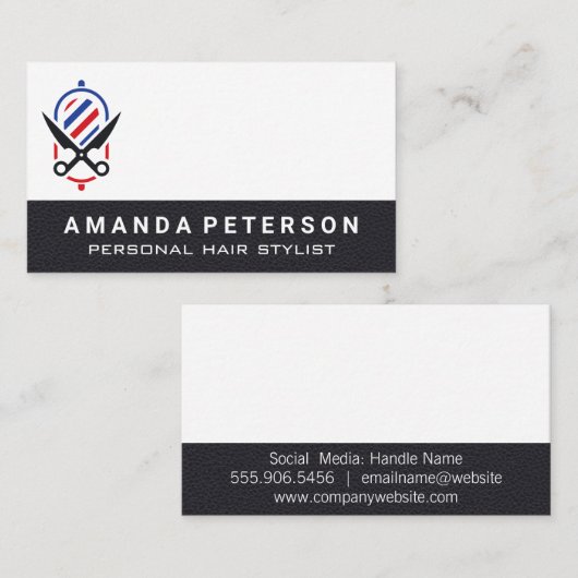 Zwart leder | Logo met de Barber Pole Scissors Visitekaartje (Voorkant / Achterkant)