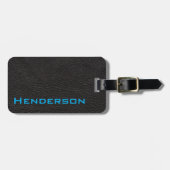 Zwart leder met blauwe tekst bagagelabel (Voorkant horizontaal)