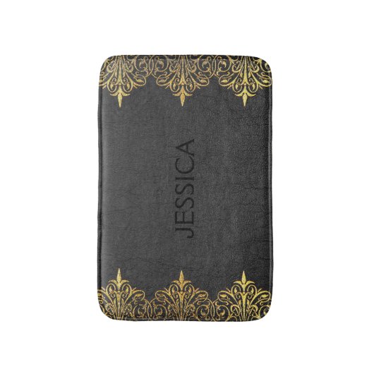 Zwart  leder met goud swirly Lijst Badmat (Voorkant Verticaal)