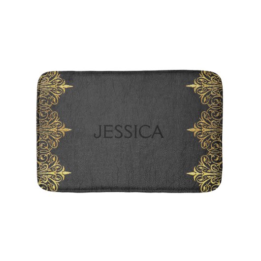 Zwart  leder met goud swirly Lijst Badmat (Voorkant)