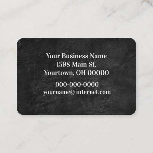 Zwart leder met witte tekst visitekaartje (Achterkant)