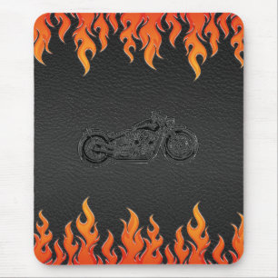 Zwart leder Oranje Flames Chrome Motorcycle Muismat
