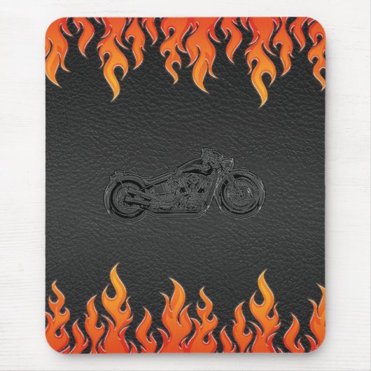 Zwart leder Oranje Flames Chrome Motorcycle Muismat (Voorkant)