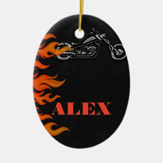 Zwart leder & Oranje vlammen Biker Motorcycle Keramisch Ornament (Voorkant)