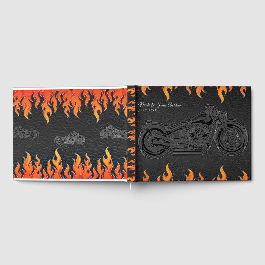 Zwart leder & Oranje vlammen motorfiets bruiloft Gastenboek (Volledig)